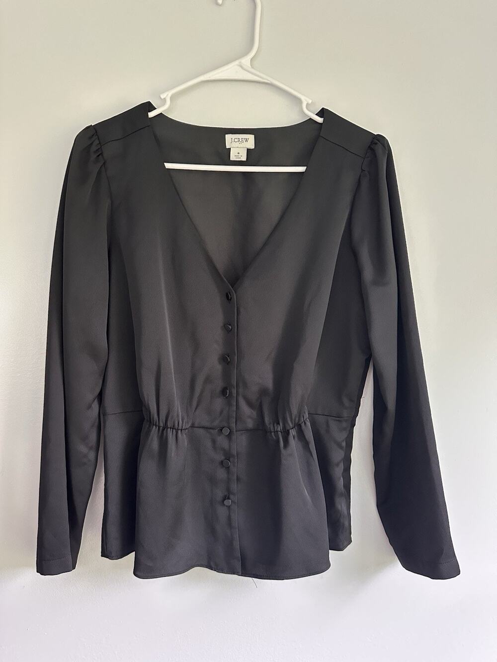 J Crew Size 8 V-Neck Satin Black Button Front Long Sleeve Blouse Peplum Preppy
